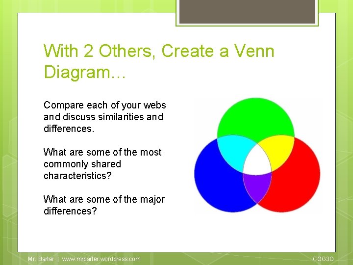 With 2 Others, Create a Venn Diagram… Compare each of your webs and discuss