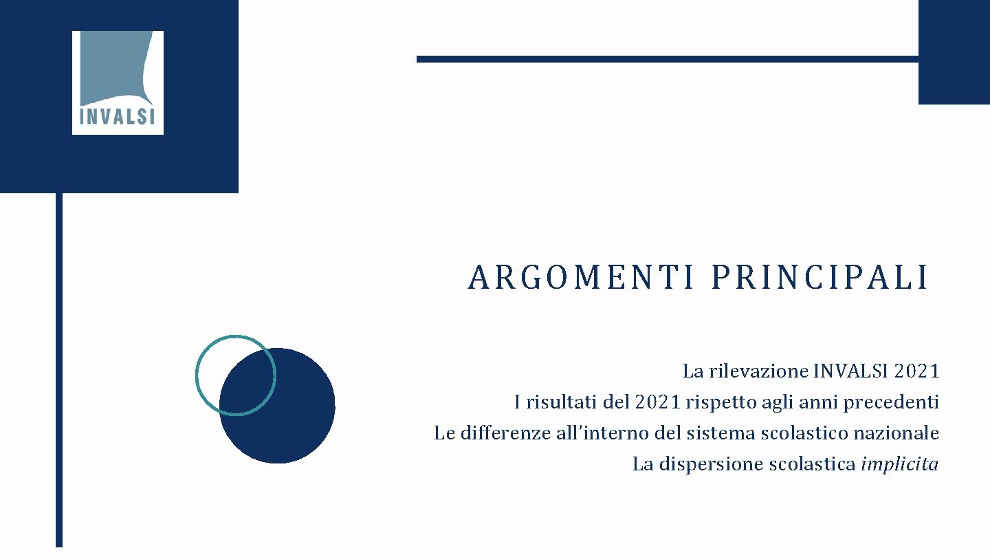 ARGOMENTI PRINCIPALI La rilevazione INVALSI 2021 I risultati del 2021 rispetto agli anni precedenti