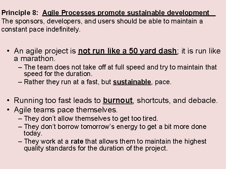 Principle 8: Agile Processes promote sustainable development The sponsors, developers, and users should be