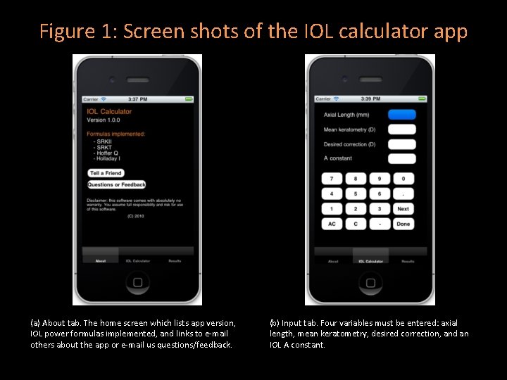 Figure 1: Screen shots of the IOL calculator app (a) About tab. The home Figure 1: Screen shots of the IOL calculator app (a) About tab. The home