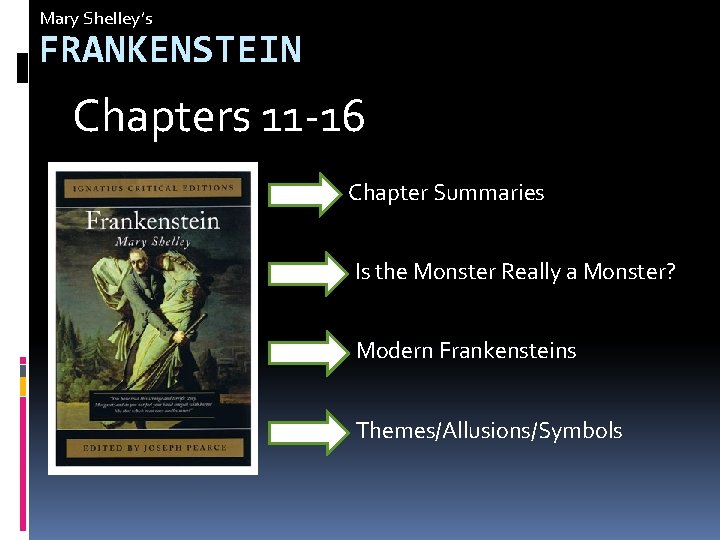 Mary Shelley’s FRANKENSTEIN Chapters 11 -16 Chapter Summaries Is the Monster Really a Monster?