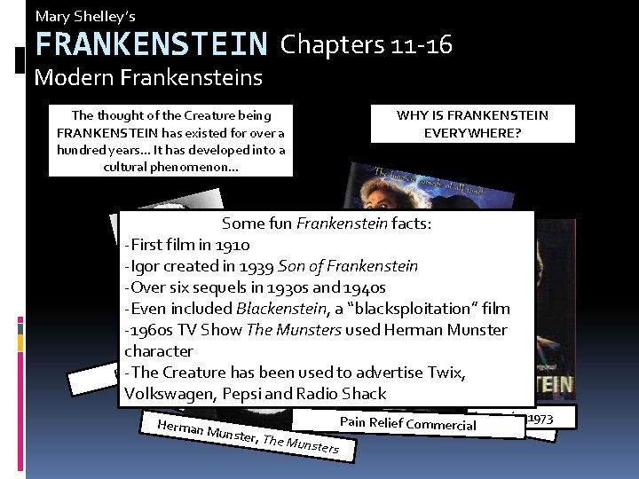 Mary Shelley’s FRANKENSTEIN Chapters 11 -16 Modern Frankensteins The thought of the Creature being