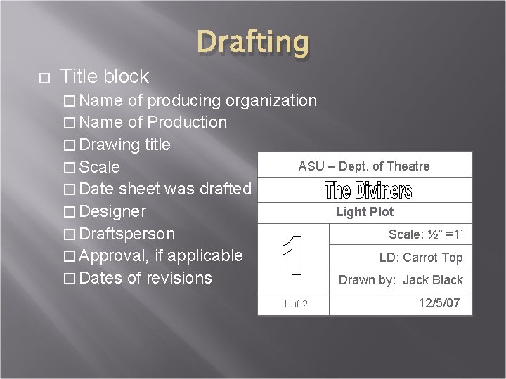 � Title block Drafting � Name of producing organization � Name of Production �