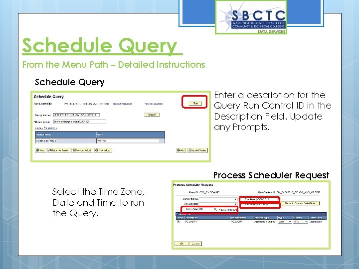 Schedule Query From the Menu Path – Detailed Instructions Schedule Query Enter a description