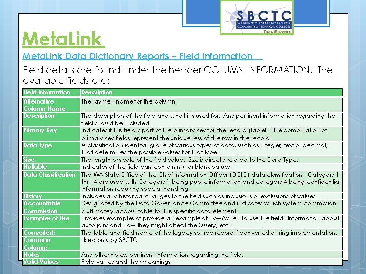 Meta. Link Data Dictionary Reports – Field Information Field details are found under the