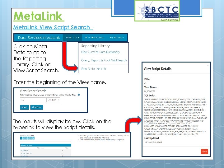 Meta. Link View Script Search Click on Meta Data to go to the Reporting