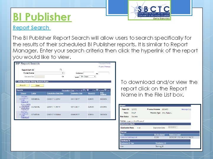 BI Publisher Report Search The BI Publisher Report Search will allow users to search