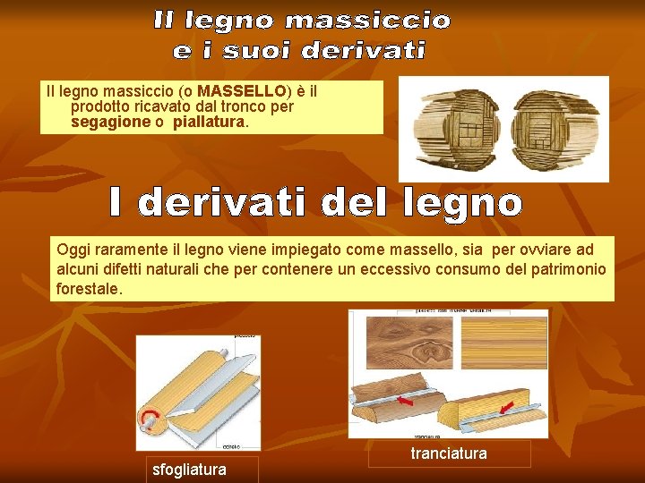 Il legno massiccio (o MASSELLO) è il prodotto ricavato dal tronco per segagione o