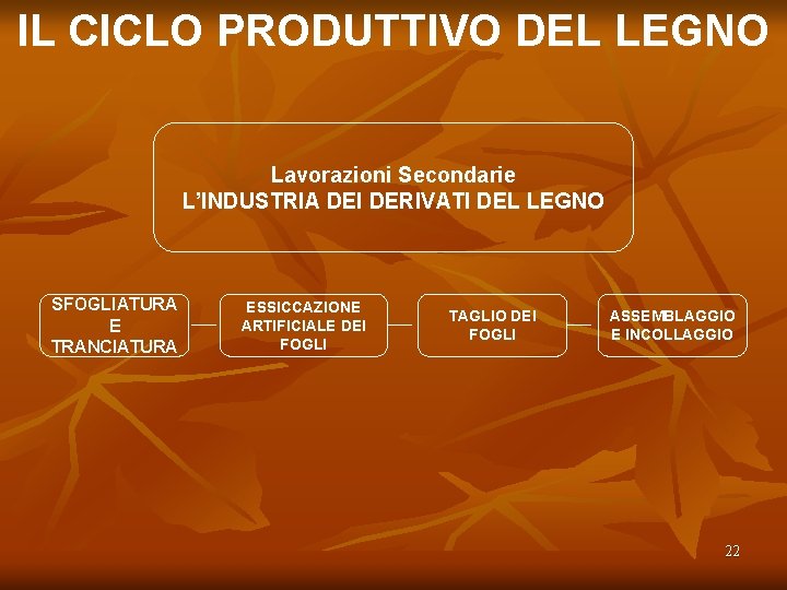 IL CICLO PRODUTTIVO DEL LEGNO Lavorazioni Secondarie L’INDUSTRIA DEI DERIVATI DEL LEGNO SFOGLIATURA E