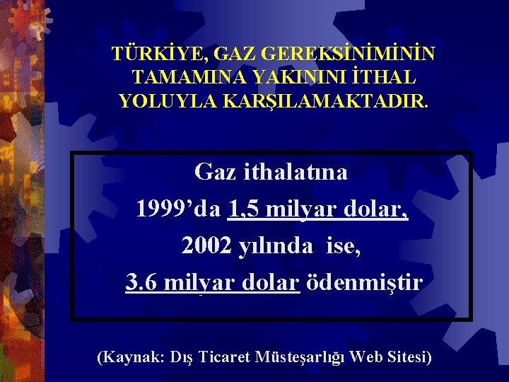 TÜRKİYE, GAZ GEREKSİNİMİNİN TAMAMINA YAKININI İTHAL YOLUYLA KARŞILAMAKTADIR. Gaz ithalatına 1999’da 1, 5 milyar