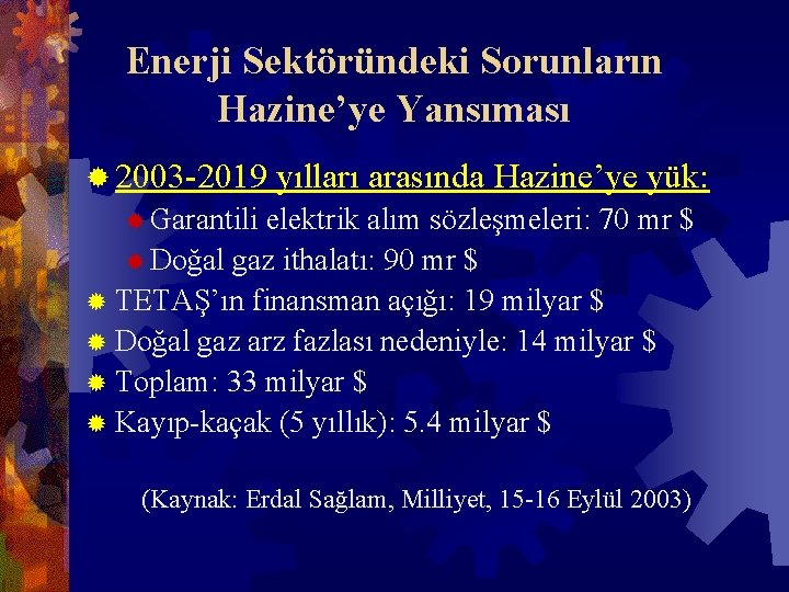 Enerji Sektöründeki Sorunların Hazine’ye Yansıması ® 2003 -2019 yılları arasında Hazine’ye yük: ® Garantili