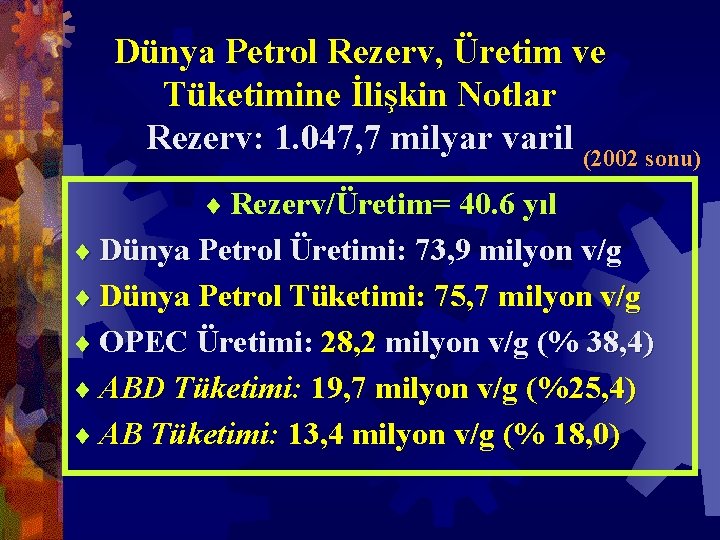 Dünya Petrol Rezerv, Üretim ve Tüketimine İlişkin Notlar Rezerv: 1. 047, 7 milyar varil