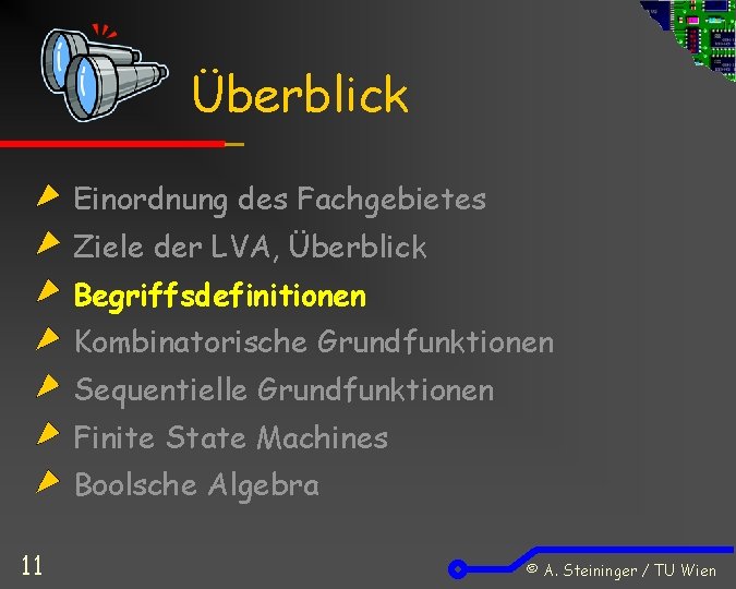 Überblick Einordnung des Fachgebietes Ziele der LVA, Überblick Begriffsdefinitionen Kombinatorische Grundfunktionen Sequentielle Grundfunktionen Finite