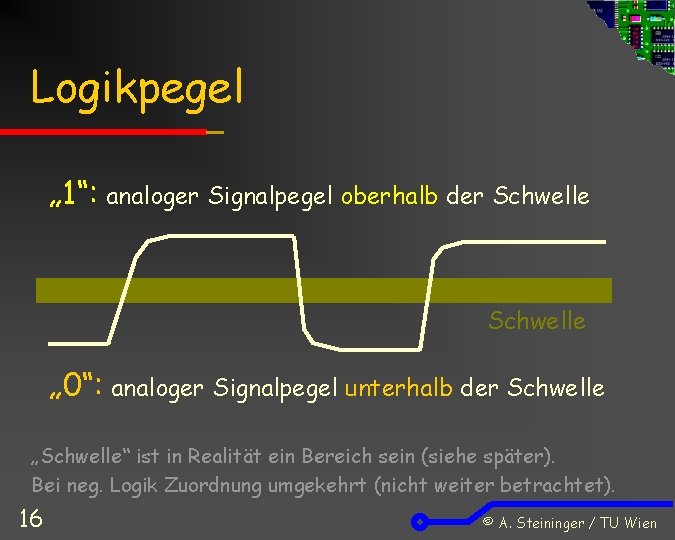 Logikpegel „ 1“: analoger Signalpegel oberhalb der Schwelle „ 0“: analoger Signalpegel unterhalb der