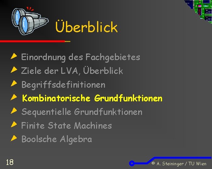 Überblick Einordnung des Fachgebietes Ziele der LVA, Überblick Begriffsdefinitionen Kombinatorische Grundfunktionen Sequentielle Grundfunktionen Finite