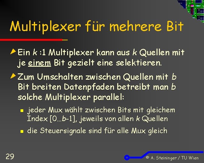 Multiplexer für mehrere Bit Ein k : 1 Multiplexer kann aus k Quellen mit