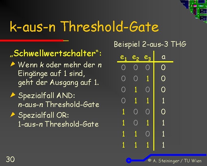 k-aus-n Threshold-Gate „Schwellwertschalter“: Wenn k oder mehr der n Eingänge auf 1 sind, geht