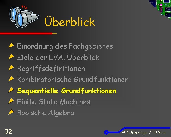 Überblick Einordnung des Fachgebietes Ziele der LVA, Überblick Begriffsdefinitionen Kombinatorische Grundfunktionen Sequentielle Grundfunktionen Finite