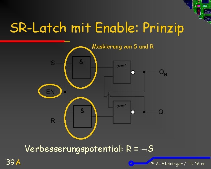 SR-Latch mit Enable: Prinzip Maskierung von S und R Verbesserungspotential: R = S 39