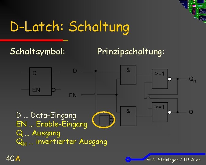 D-Latch: Schaltung Schaltsymbol: Prinzipschaltung: D … Data-Eingang EN … Enable-Eingang Q … Ausgang QN