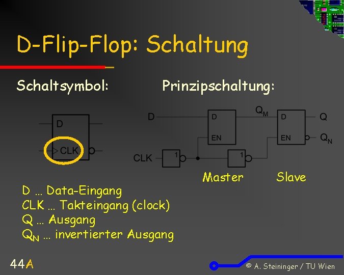 D-Flip-Flop: Schaltung Schaltsymbol: Prinzipschaltung: D … Data-Eingang CLK … Takteingang (clock) Q … Ausgang