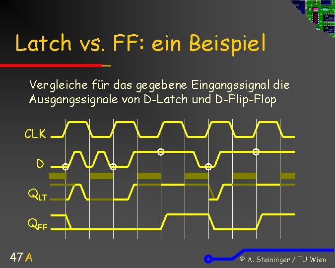 Latch vs. FF: ein Beispiel Vergleiche für das gegebene Eingangssignal die Ausgangssignale von D-Latch