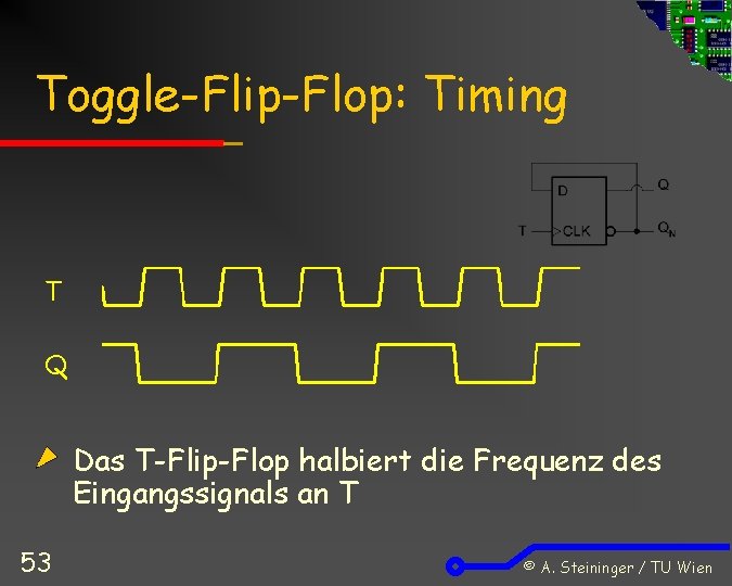 Toggle-Flip-Flop: Timing T Q Das T-Flip-Flop halbiert die Frequenz des Eingangssignals an T 53