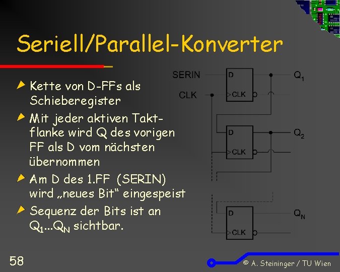 Seriell/Parallel-Konverter Kette von D-FFs als Schieberegister Mit jeder aktiven Taktflanke wird Q des vorigen