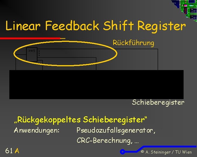 Linear Feedback Shift Register Rückführung Schieberegister „Rückgekoppeltes Schieberegister“ Anwendungen: 61 A Pseudozufallsgenerator, CRC-Berechnung, …