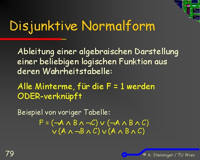 Disjunktive Normalform Ableitung einer algebraischen Darstellung einer beliebigen logischen Funktion aus deren Wahrheitstabelle: Alle