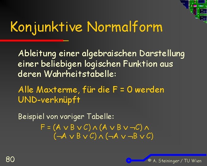 Konjunktive Normalform Ableitung einer algebraischen Darstellung einer beliebigen logischen Funktion aus deren Wahrheitstabelle: Alle