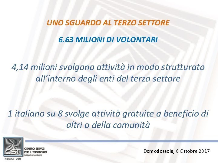 UNO SGUARDO AL TERZO SETTORE 6. 63 MILIONI DI VOLONTARI 4, 14 milioni svolgono