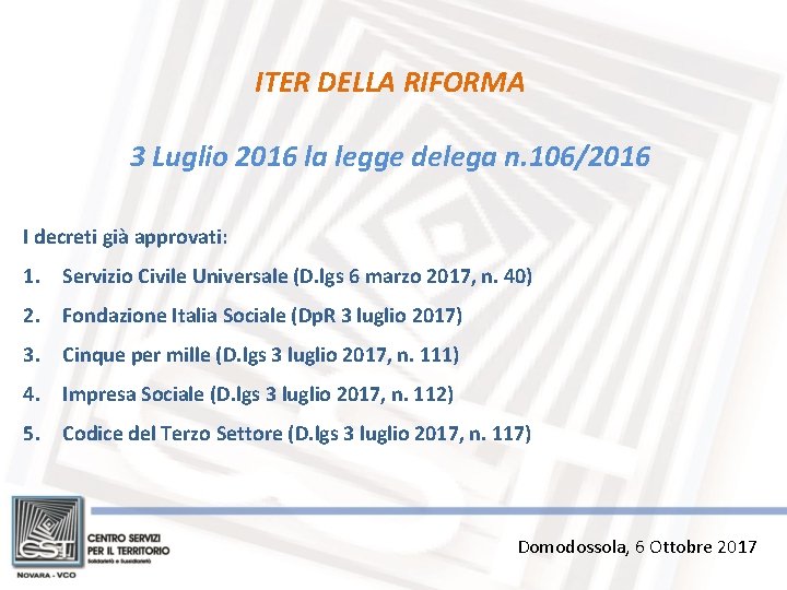 ITER DELLA RIFORMA 3 Luglio 2016 la legge delega n. 106/2016 I decreti già