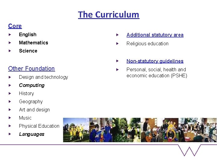 The Curriculum Core English Additional statutory area Mathematics Religious education Science Non-statutory guidelines Other