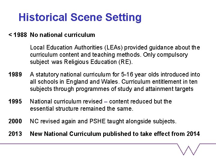 Historical Scene Setting < 1988 No national curriculum Local Education Authorities (LEAs) provided guidance