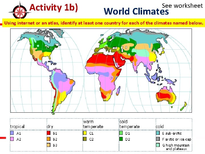Activity 1 b) See worksheet World Climates Using internet or an atlas, identify at