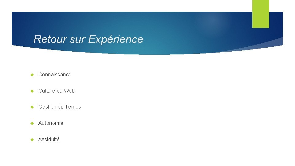 Retour sur Expérience Connaissance Culture du Web Gestion du Temps Autonomie Assiduité 
