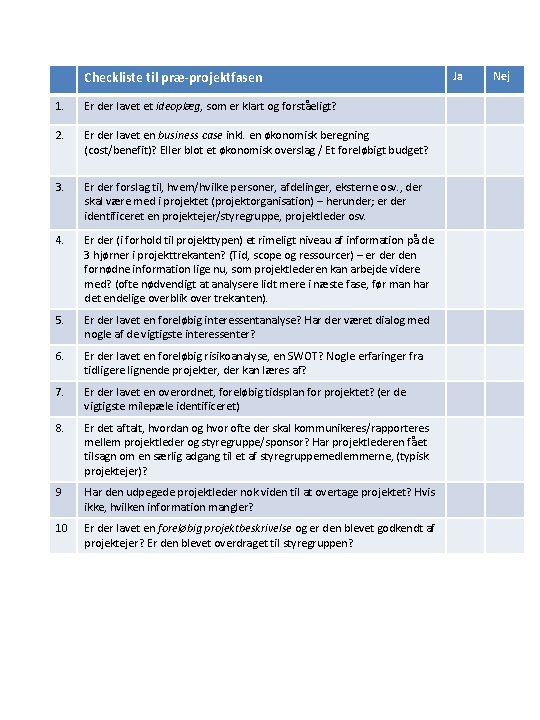 Checkliste til præ-projektfasen 1. Er der lavet et ideoplæg, som er klart og forståeligt?