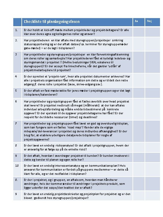 Checkliste til planlægningsfasen 1. Er der holdt et kick-off møde mellem projektleder og projektdeltagere?