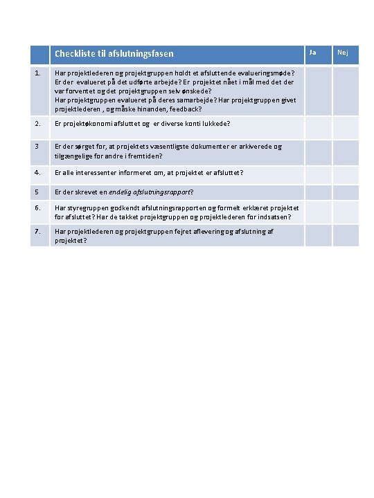 Checkliste til afslutningsfasen 1. Har projektlederen og projektgruppen holdt et afsluttende evalueringsmøde? Er der