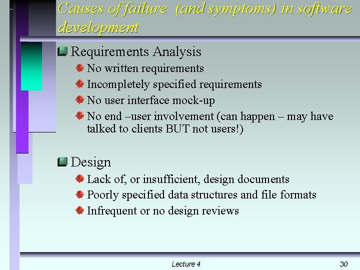 Causes of failure (and symptoms) in software development Requirements Analysis No written requirements Incompletely