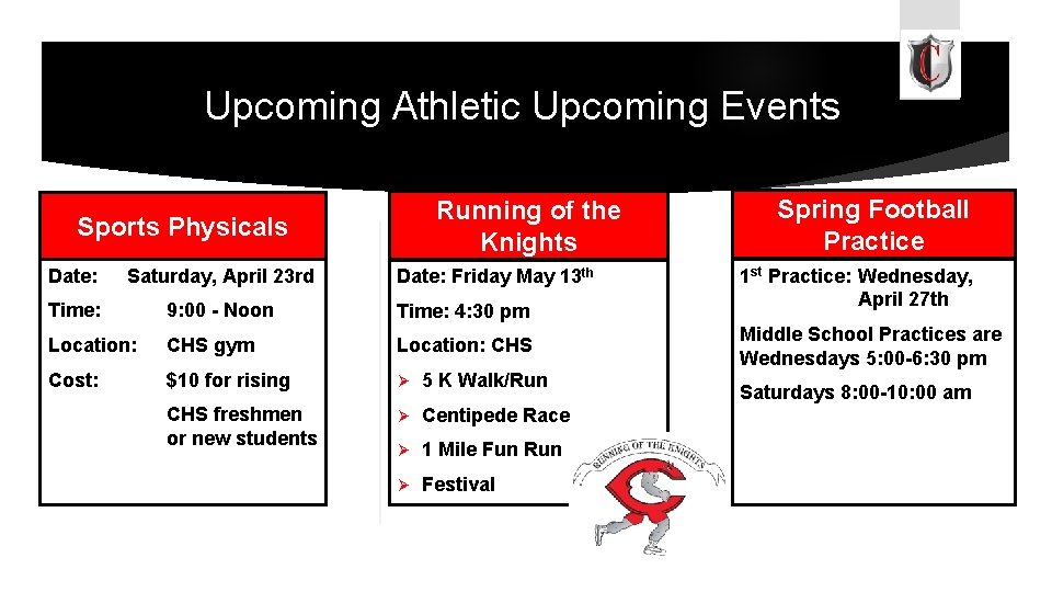 Upcoming Athletic Upcoming Events Running of the Knights Sports Physicals Date: Saturday, April 23