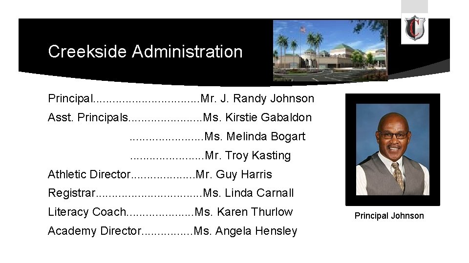 Creekside Administration Principal. . . . Mr. J. Randy Johnson Asst. Principals. . .