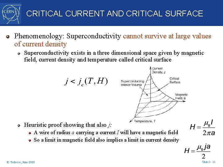 CRITICAL CURRENT AND CRITICAL SURFACE Phenomenology: Superconductivity cannot survive at large values of current