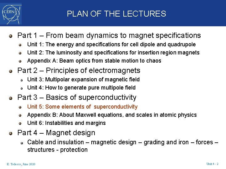 PLAN OF THE LECTURES Part 1 – From beam dynamics to magnet specifications Unit