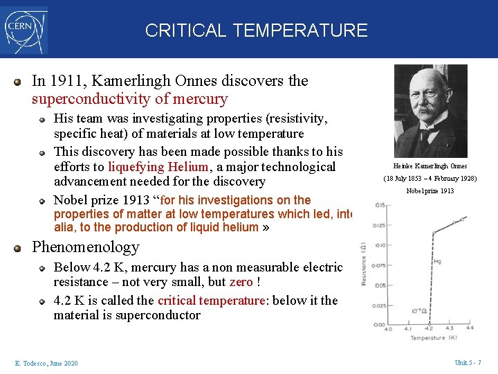 CRITICAL TEMPERATURE In 1911, Kamerlingh Onnes discovers the superconductivity of mercury His team was