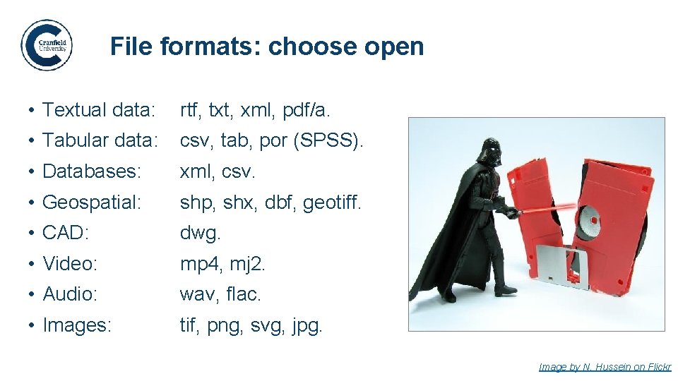 File formats: choose open. • Textual data: rtf, txt, xml, pdf/a. • Tabular data: