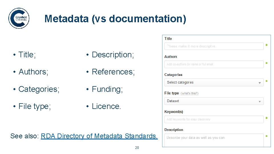 Metadata (vs documentation). • Title; • Description; • Authors; • References; • Categories; •