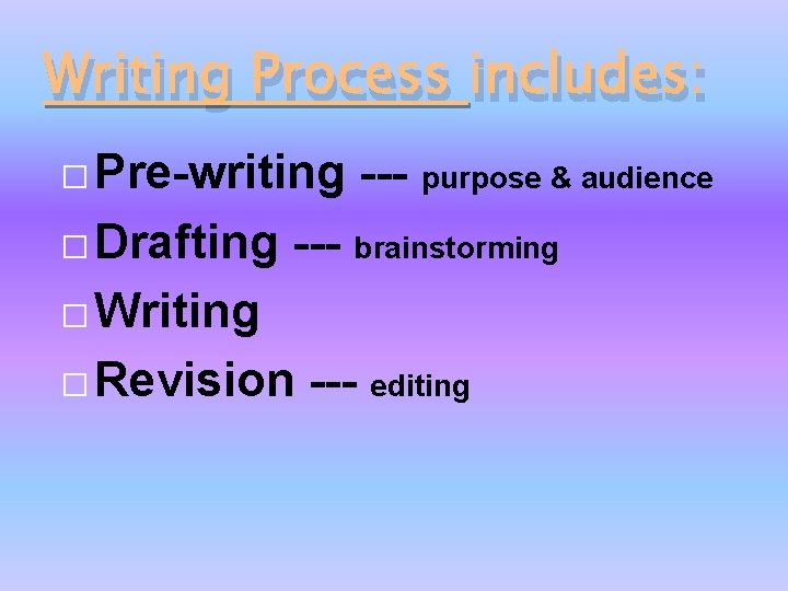 Writing Process includes: � Pre-writing � Drafting --- purpose & audience --- brainstorming �