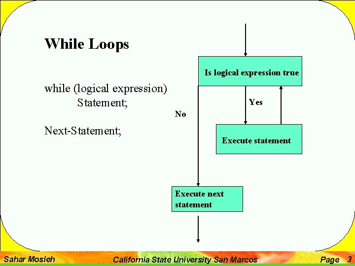While Loops Is logical expression true while (logical expression) Statement; Next-Statement; Yes No Execute